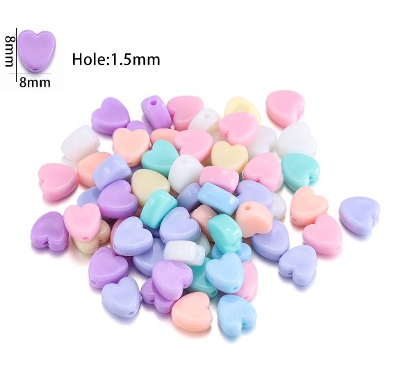 ลูกปัดอะครีลิคทึบ รูปหัวใจ ขนาด 8x8มม. รู 1.5 มม. คละสี 100 เม็ด