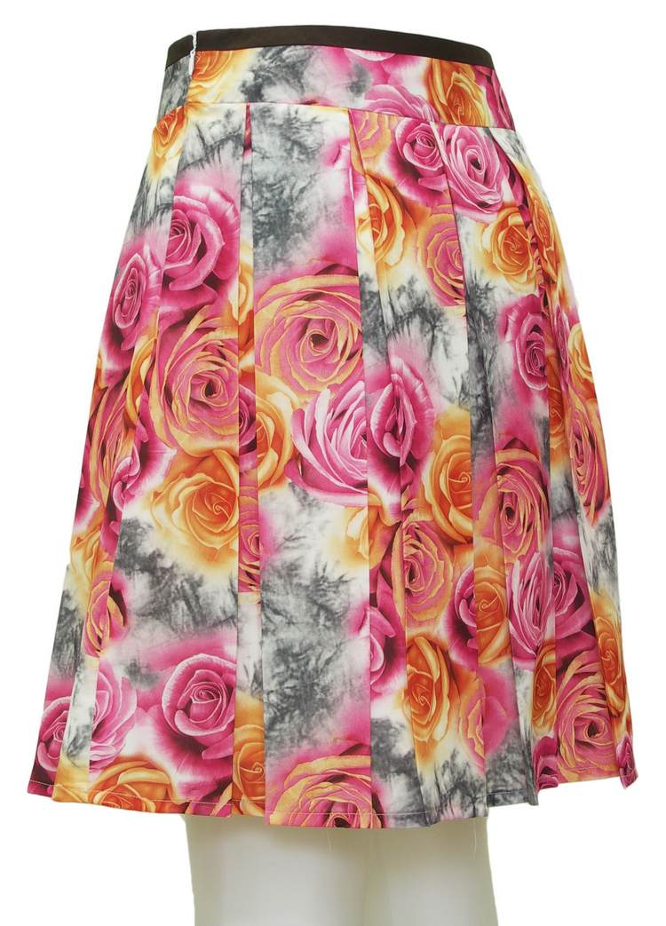SK-090 กระโปรงแฟชั่น&ทำงาน ทรงบาน ผ้าพิมพ์ลายดอกกุหลาบสีชมพูเหลือง