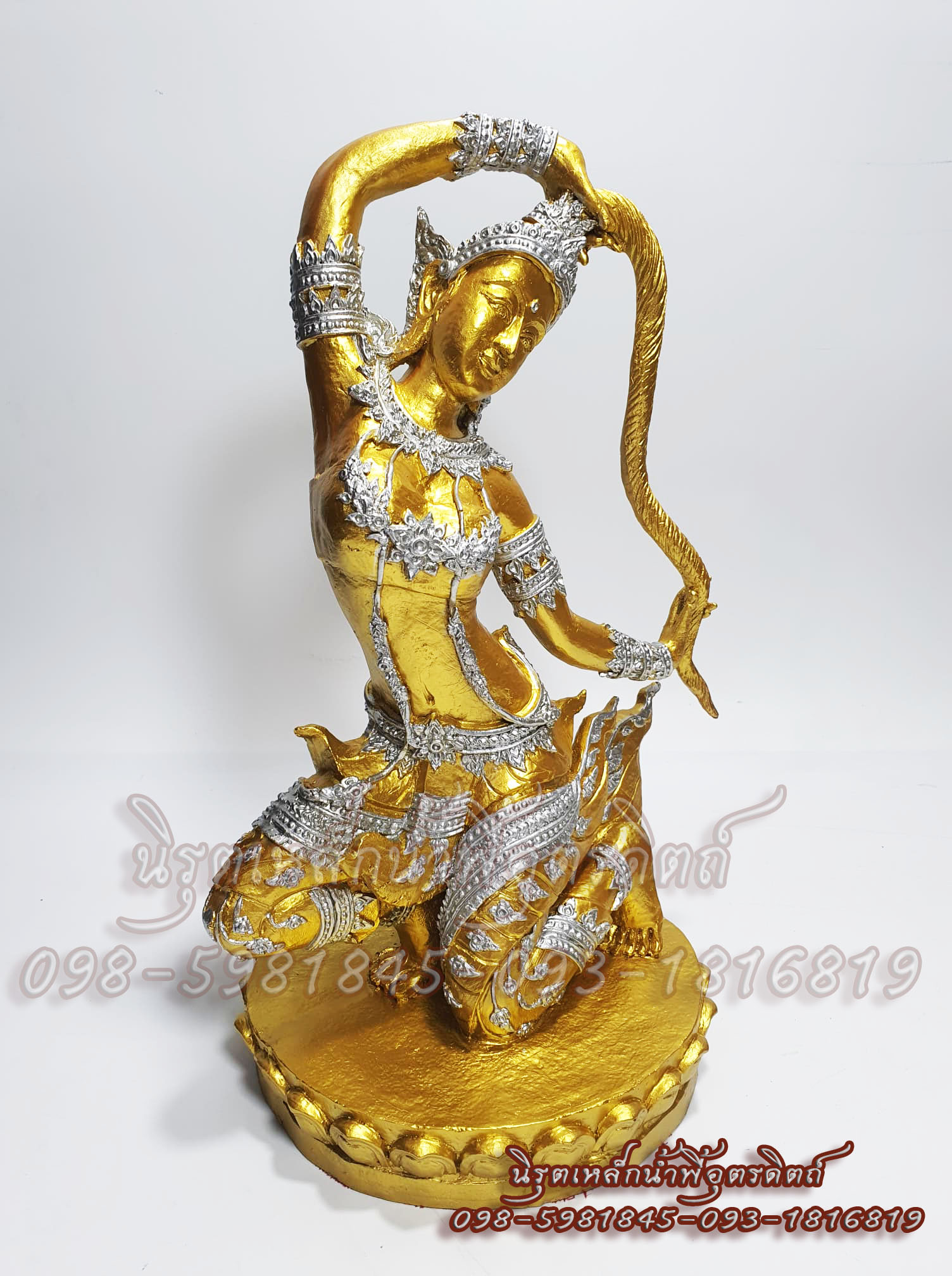 พระแม่ธรณีเนื้อแร่เหล็กน้ำพี้ 7.5 นิ้ว องค์สีทองทรงเครื่องเงิน ของแท้จากโรงหล่อบ้านน้ำพี้