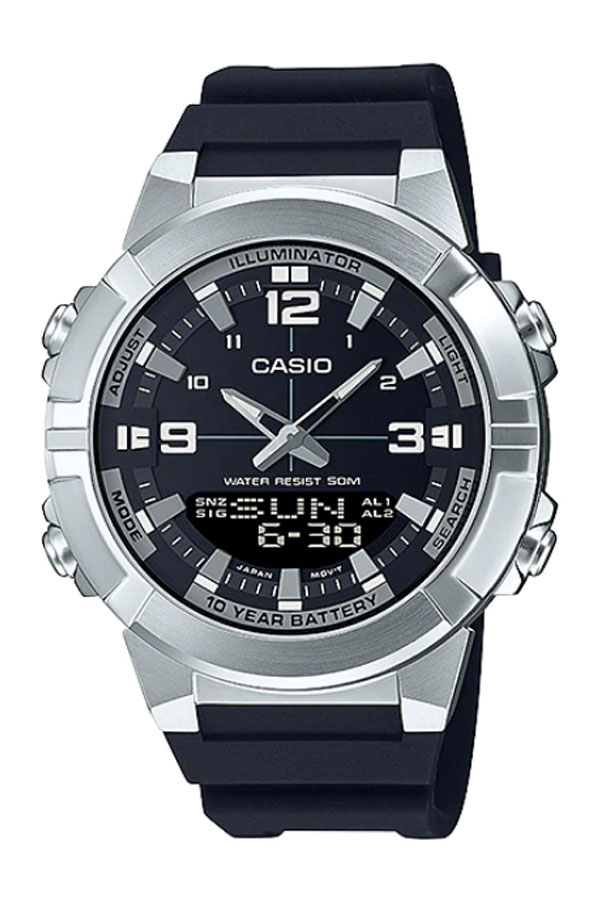 CASIO รุ่น AMW-870-1AVDF กรอบสีเงิน สายเรซิ่น สีดำ สินค้าใหม่ ของเเท้ รับประกันศูนย์ CMG 1 ปี