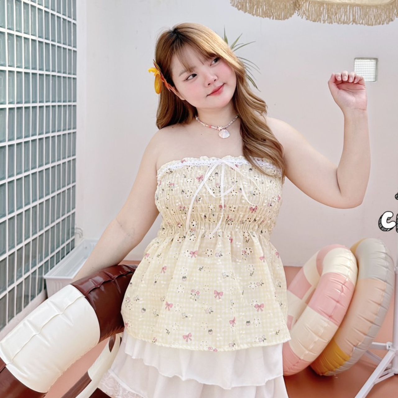 J090 ต้อนรับลมร้อน ไปทะเล สายคาเฟ่ ไม่ควรพลาด เสื้อเกาะอก สาวอวบ ชมพู เหลือง ฟ้า อก 38-48 นิ้ว