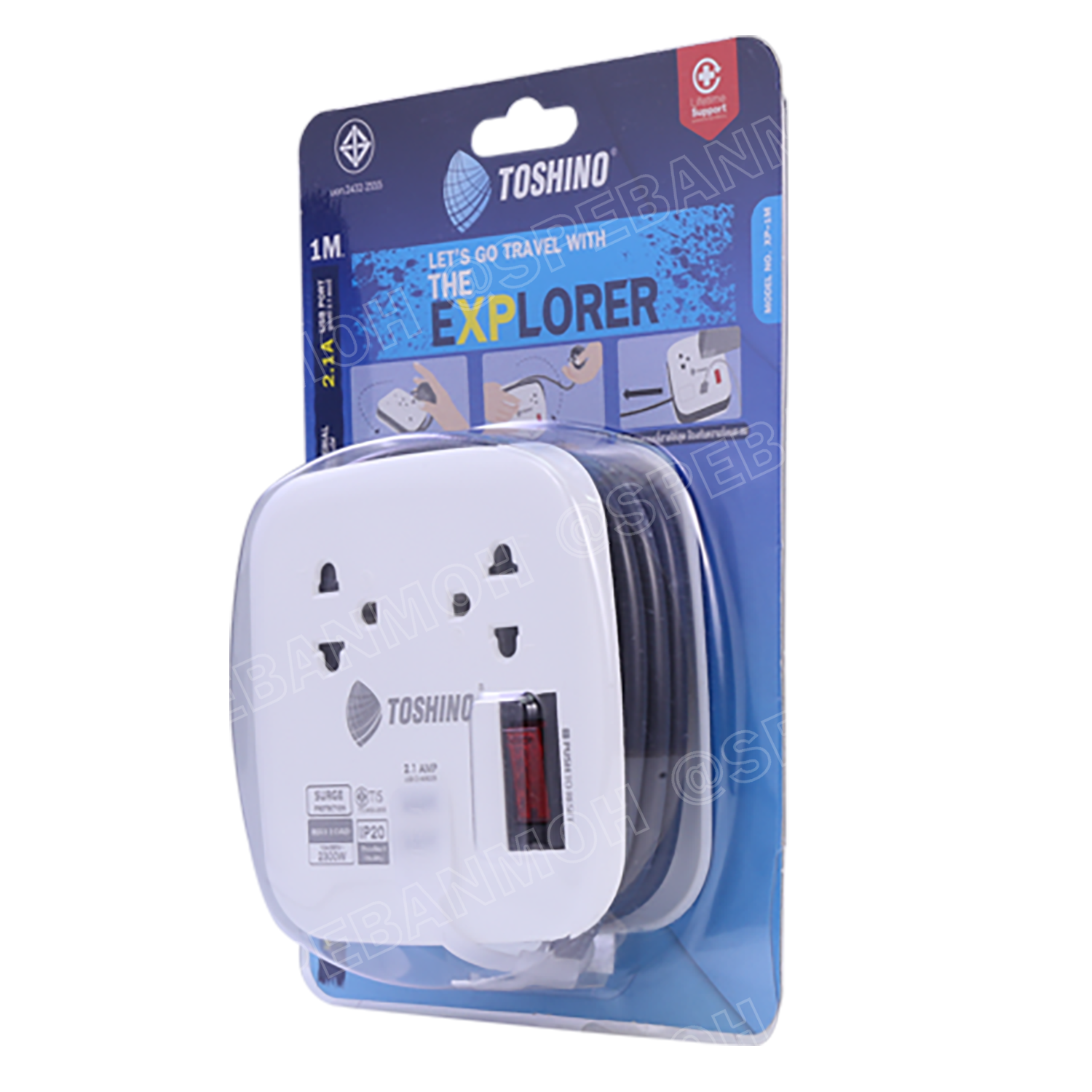 XP-1M ปลั๊กราง Toshino ปลั๊กไฟพกพา XP-1M รางปลั๊กไฟ 2 ช่อง 1สวิตซ์รีเซ็ต 2 USB 2.1A ยาว 1 เมตร รองรับกำลังไฟ 10A 2300W รางปลั๊กไฟ 2 ช่อง 1สวิตซ์ 2 USB ยาว 1 เมตร รุ่น XP-1M WH Toshino ระบบ Surge Protection ป้องกันไฟกระชาก ระบบ Circuit Br