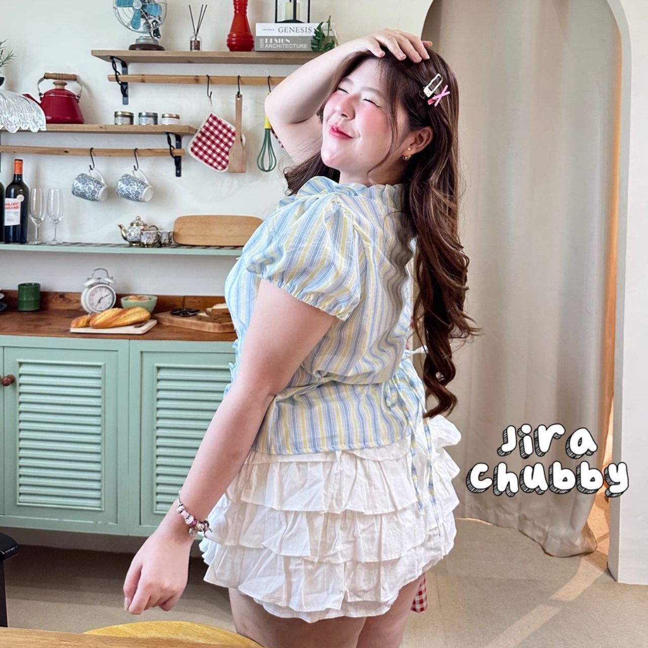 J181 เสื้อสาวอวบ แขนตุ๊กตาผ้าลายริ้ว แต่งระบาย ชมพู ฟ้า อกได้ถึง50นิ้ว หน้าผ้า52นิ้ว