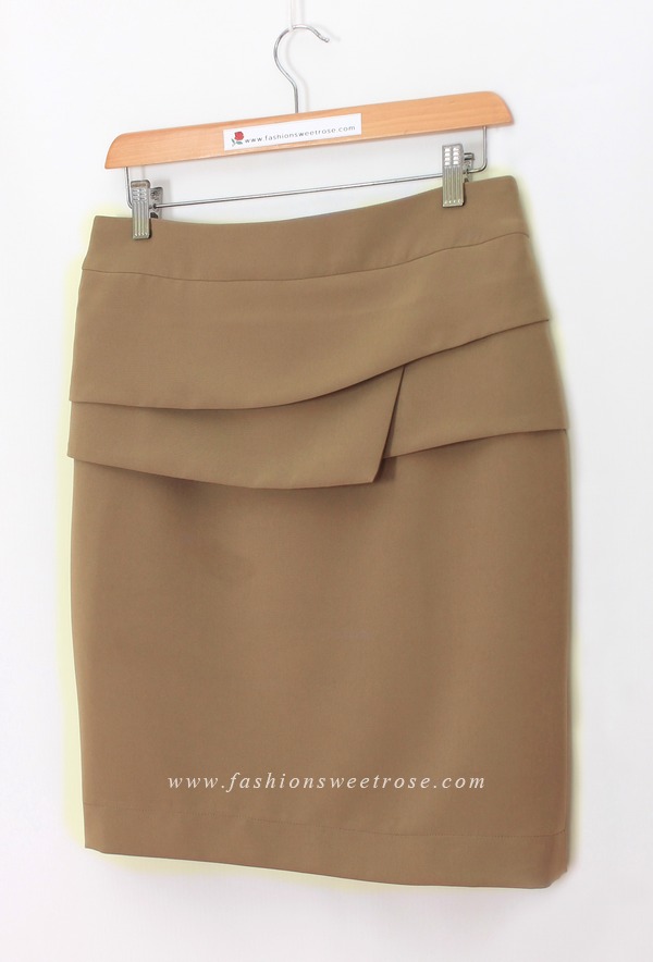 SK-469 กระโปรงทรงสอบ ผ้า Double Twist สีน้ำตาล Chocolate แต่งผ้าซ้อน 3 ชิ้น