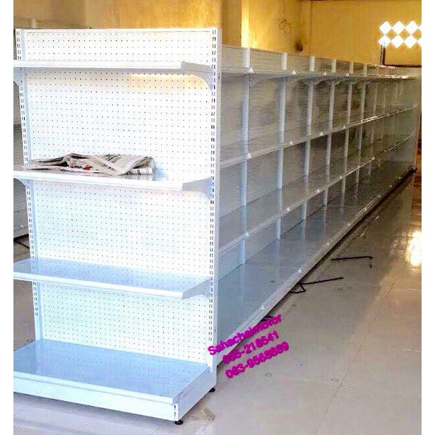 ชั้นวางสินค้าแบบ 1ด้าน รุ่นผนังหลังทึบ(พั้นชิ่ง) 4ชั้นรวมฐาน ขนาด 90x150cm. ชั้นวางสินค้า ชั้นวางผนังรู ชั้นเรียงสินค้า