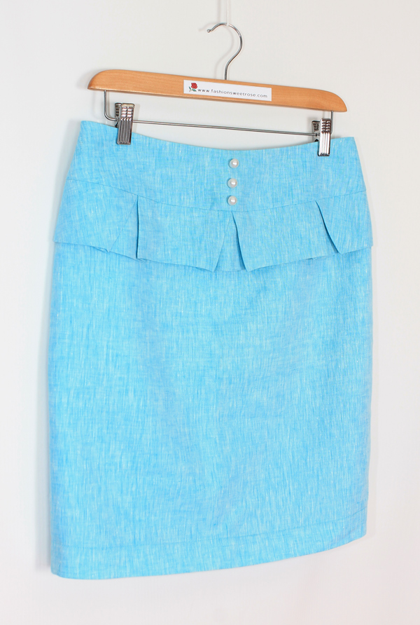 SK-473 กระโปรงทรงสอบ ผ้าลินินเชมเบ้ญี่ปุ่นสีฟ้า มีลายในตัว