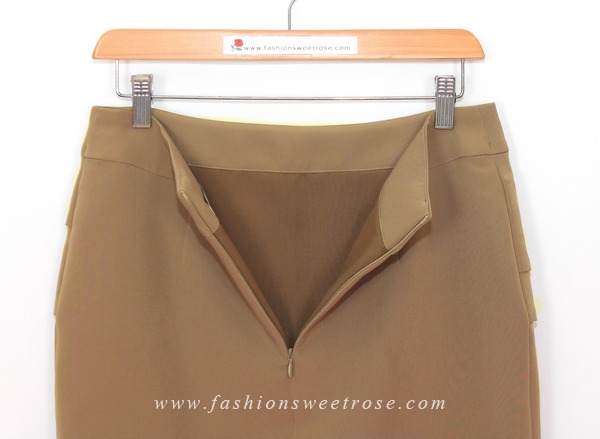 SK-469 กระโปรงทรงสอบ ผ้า Double Twist สีน้ำตาล Chocolate แต่งผ้าซ้อน 3 ชิ้น