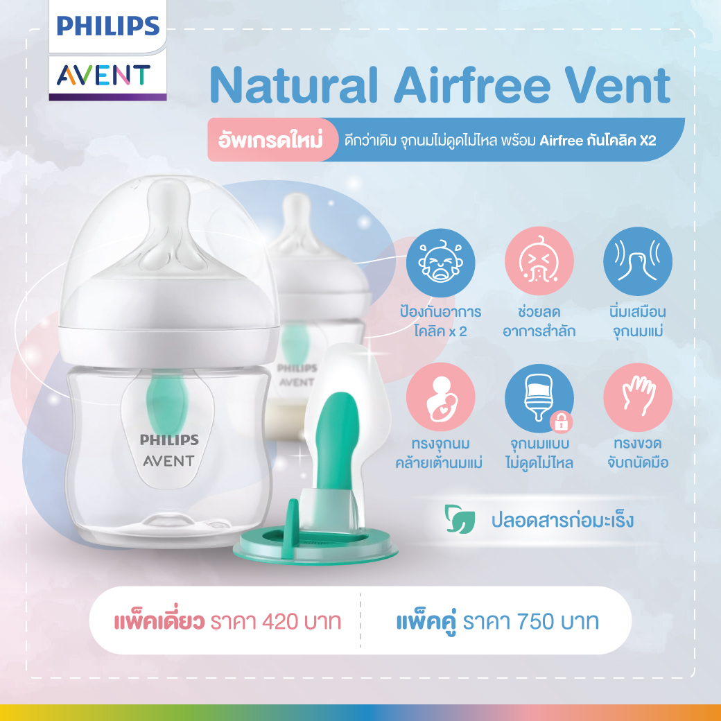Philips Avent Natural Airfree Vent มาพร้อมวาล์วช่วยลดอาการโคลิค x2 อัพเกรดใหม่ดีรุ่นเดิมจุกไม่ดูดไม่ไหล