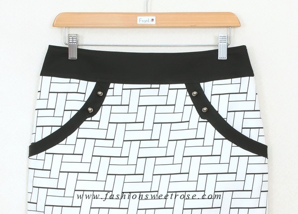 SK-398 กระโปรงแฟชั่น&ทำงาน ทรงสอบ ผ้าคอตต้อนผสมเนื้อสเปนเด็กส์ พิมพ์ลายกราฟฟิกดำ-ขาว