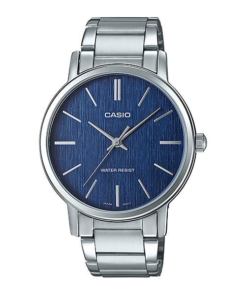 CASIO Standard รุ่น MTP-E145D-2ADF สีเงิน หน้าปัดน้ำเงิน สายสแตนเลส สินค้าของเเท้
