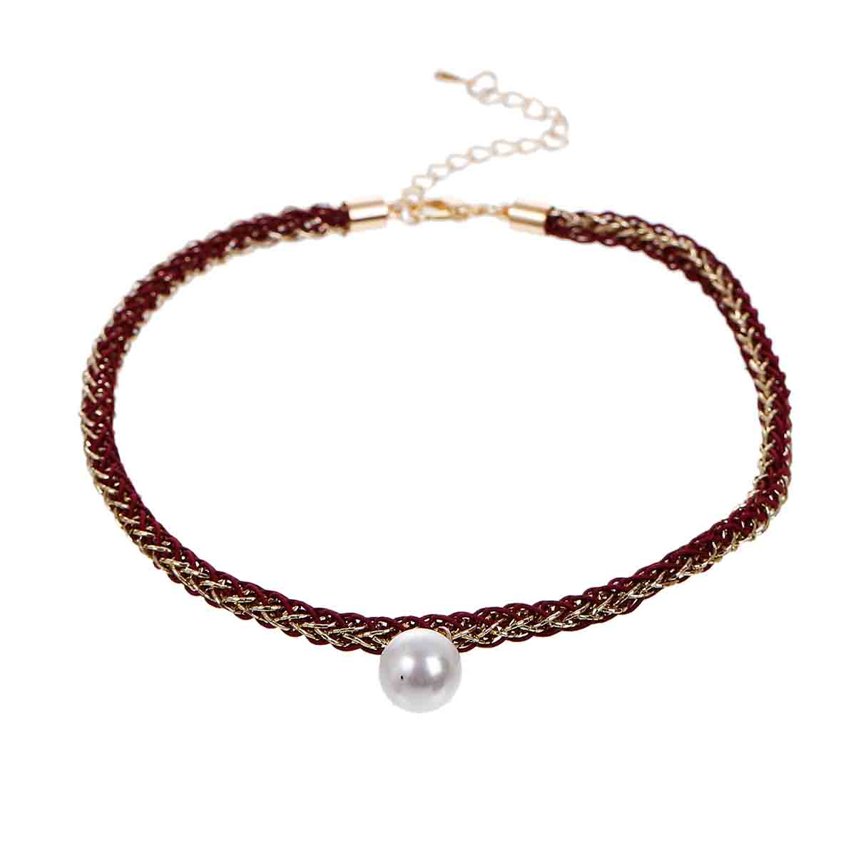 สร้อยคอ Choker แฟชั่น ด้าย Tereryne ถักกับโซ่สีทอง จี้มุกเทียมสีขาว รอบคอ ยาว 33.5cm 1 เส้น