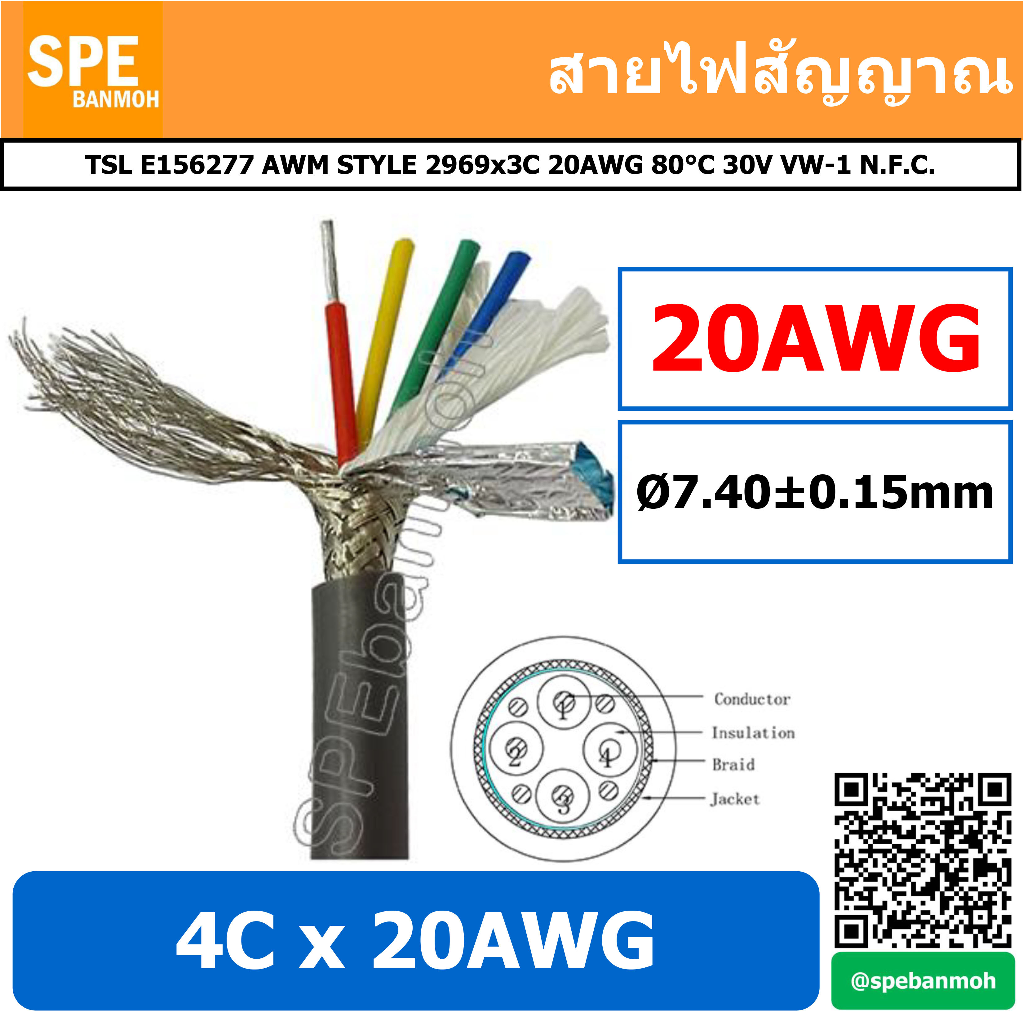 [ 1เมตร ] สายมัลติคอร์ UL2969 4Cx20AWG Control Cable (Braid Shield+Mylar Foil) By เอสพีอี บ้านหม้อ SPE Banmoh