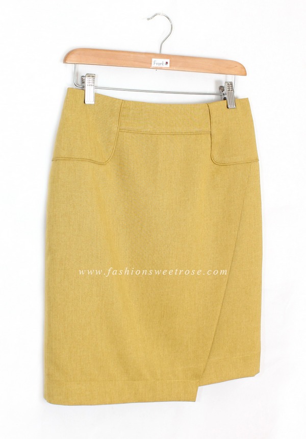 กระโปรงแฟชั่น&ทำงาน กระโปรงทรงสอบผ้าคอตต้อนลินินไอริสสีเหลืองมาสตาส ด้านหน้ากระโปรงดีไซน์ตัดต่อดูเรียบหรู / SK-428