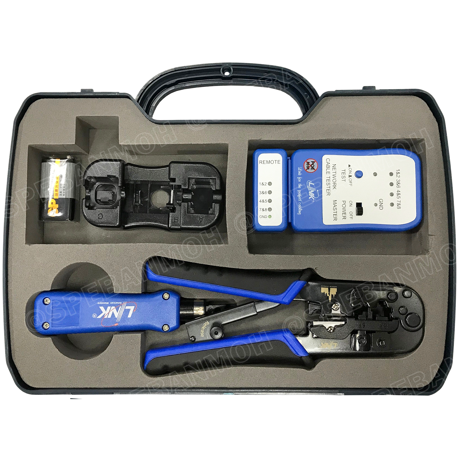 US-8030 ชุดอุปกรณ์ย้ำและเทสสอบสายแลนด์ set of tools and tester เครื่องมิอ LAN ครบชุด ชุดย้ำสายแลนด์ 1. TL-1103 คีมย้ำสายแลนด์ RJ45 RJ11 2. TL-3116 ตัวเข้าสายแลนด์ตัวเมีย 3. TX-1302 เครื่องเทสสายแลนด์ 4. US-8060 ฐานรองเข้าสายแลนด์ ชุดย้ำสายแลนด์ ฐานรอง คีม