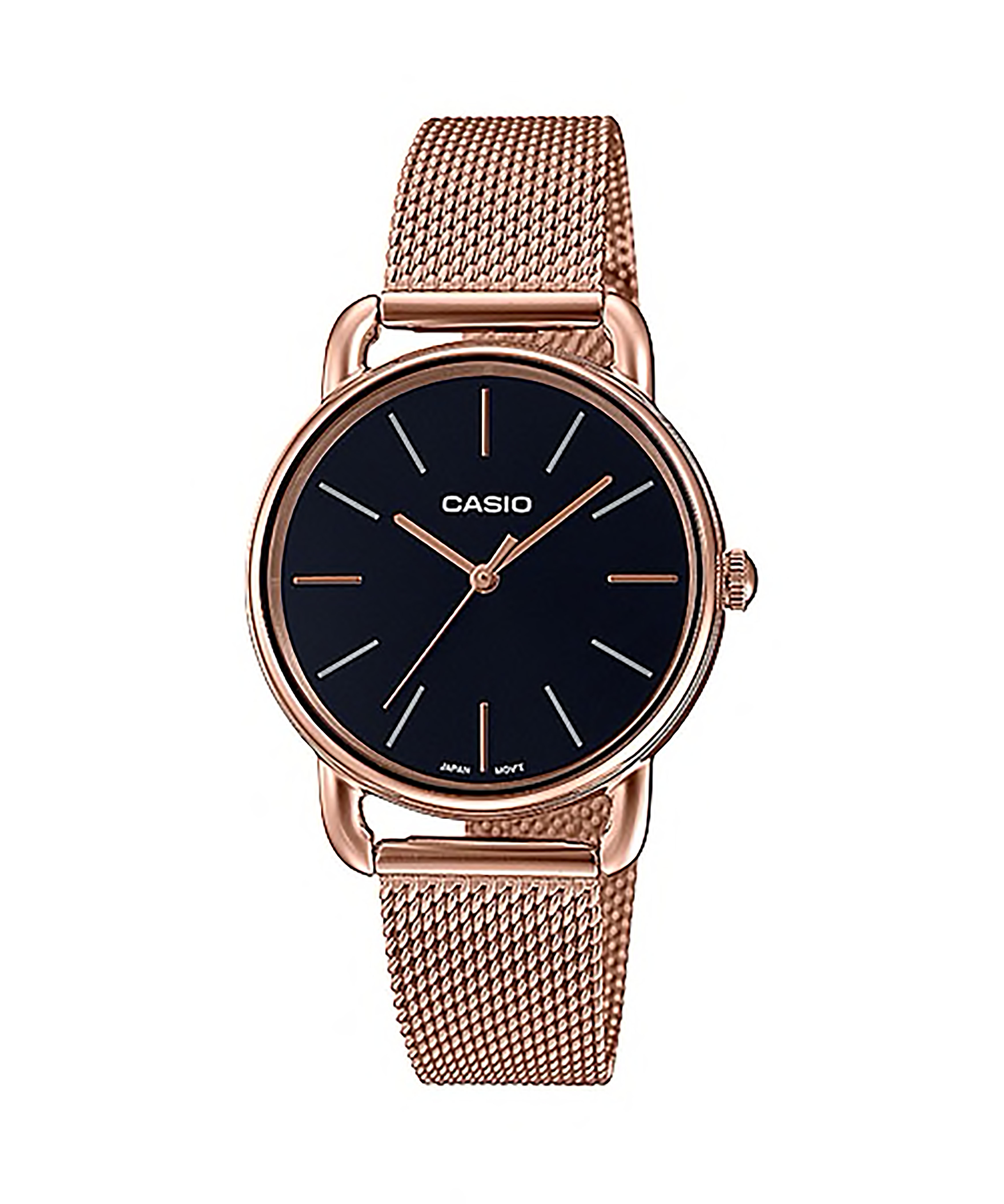 CASIO รุ่น LTP-E412MPG-1ADF หน้าปัดสีดำ สายสีพิงค์โกลด์ PINK GOLD สายสแตนเลส สินค้าใหม่ ของเเท้ รับประกันศูนย์ CMG 1 ปี