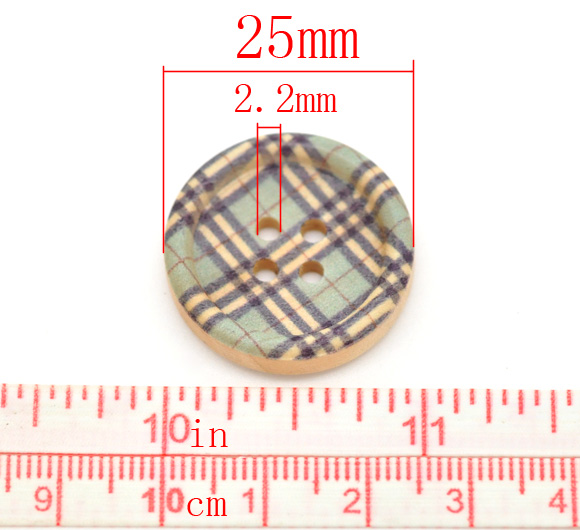 กระดุมไม้เพ้นท์ลายตาราง 4 รู 25 มม. แพ็ด 5 เม็ด