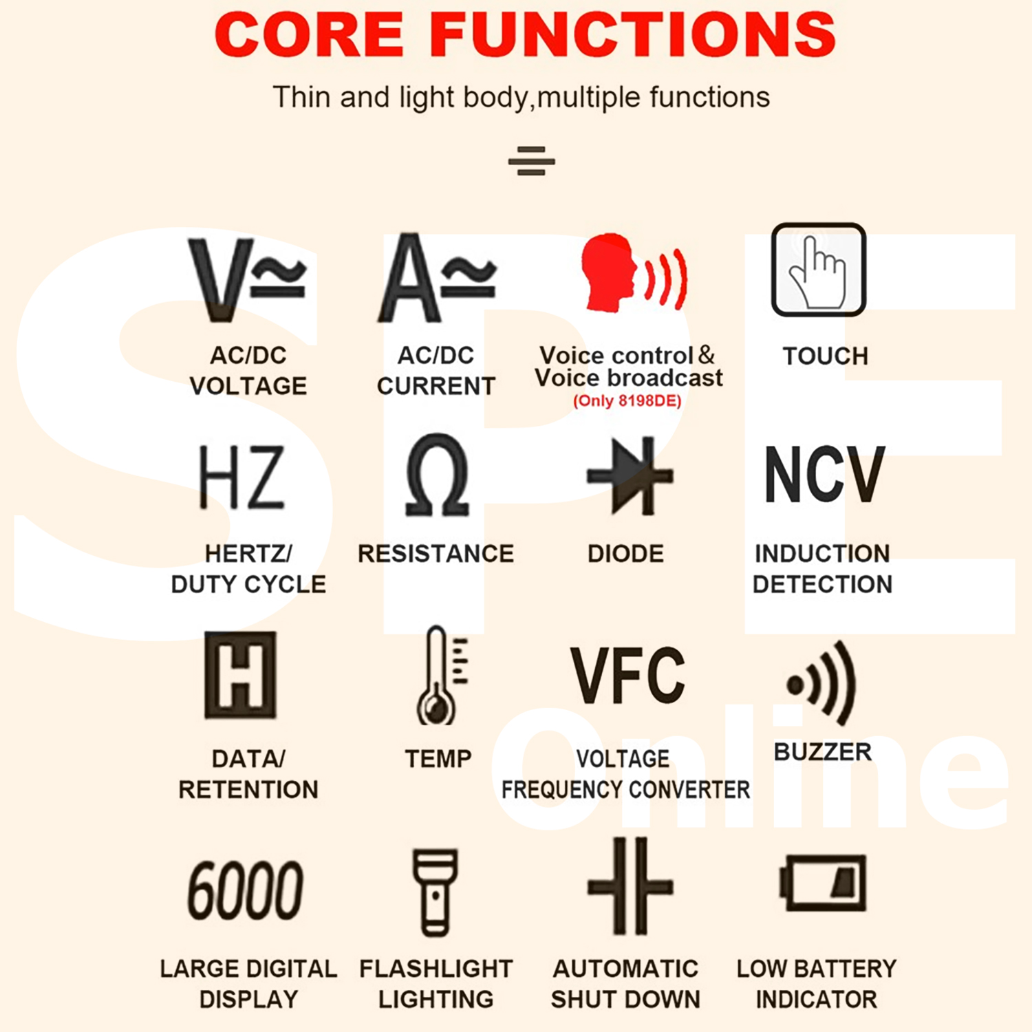 [ 1เครื่อง ] ET8198DE มัลติมิเตอร์ WinAPEX ET8198DE มัลติมิเตอร์ ระบบออโต้ ดิจิตอลมัลติมิเตอร์ แสดงผลหน้าจอสี วัด Hz เปลี่ยนฟังก์ชั่นโดนการแตะสัมผัส Auto range ระบบสัมผัส มีไฟ LED ระบบ Touch Screen ช่วงระบุการวัดอัตโนมัติ