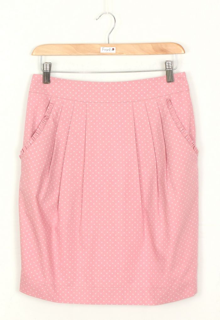 SK-213 กระโปรงแฟชั่น&ทำงาน ทรงสอบจับจีบทวิช ผ้าคอตตอนญี่ปุ่นลายจุดเล็กสีชมพูอมม่วง