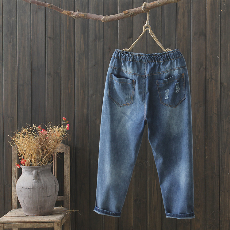 JPNT-009 กางเกงยีนส์ขายาว 5 ส่วน ปักลายการ์ตูน เอวยางยืด เนื้อผ้านิ่มไม่หนา