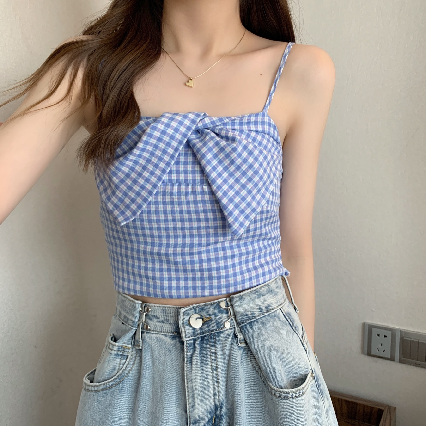 Bowie cami top สายเดี่ยวลายสกอต