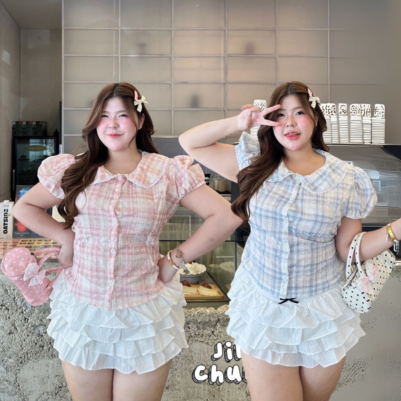 J152 เสื้อสาวอวบ คอบัวแต่งลูกไม้ แขนตุ๊กตา มีเชือกพูกหลัง ฟ้า ชมพู อกได้ถึง48นิ้ว หน้าผ้า50นิ้ว