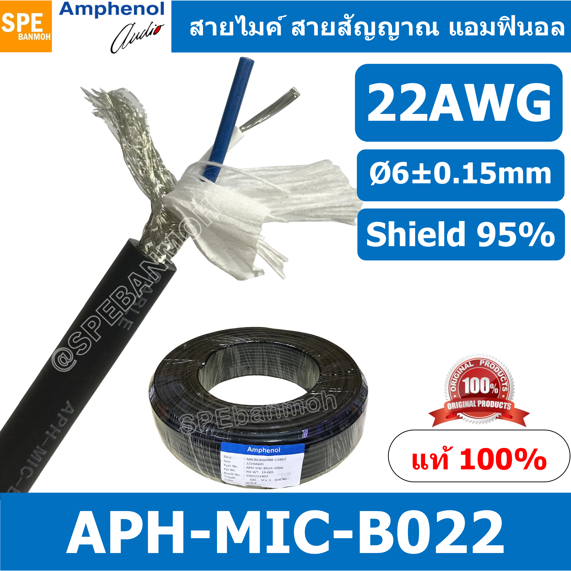 [ 1 เมตร ] APH-MIC-B022 สายไมค์ Amphenol B022 สีดำ Black สายไมค์โครโฟน Amphenol B022 ต่อ XLR สัญญาณ บาลานซ์ Balance Microphone Cable 2 Core Stereo 22AWG, OD 6.0mm สายไมค์สเตอร์ 2C 22AWG Audio Cable Aminter สายต่อแคนนอน แยกซ้ายขวา