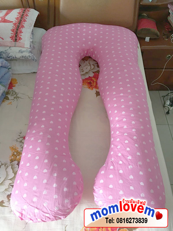 พร้อมส่ง หมอนคนท้อง ชมพูจุดหัวใจขาว