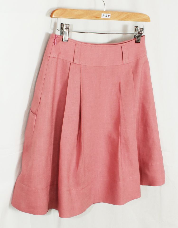 SK-192 กระโปรงแฟชั่น&ทำงาน ทรงบานผ้าลินินญี่ปุ่นสีชมพูพาสเทล มีกระเป๋าล้วงได้ 2 ข้าง