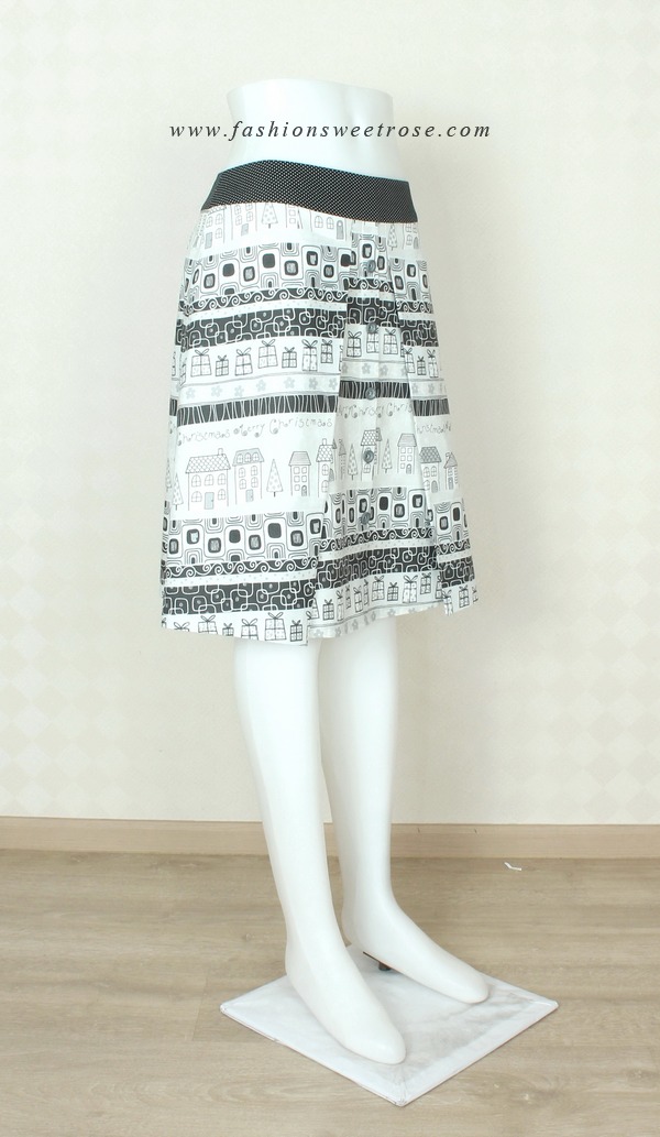 SK-327 กระโปรงแฟชั่น&ทำงาน ทรงบาน ผ้าคอตต้อนญี่ปุ่นพิมพ์ลายกราฟฟิกโทนขาว-ดำ