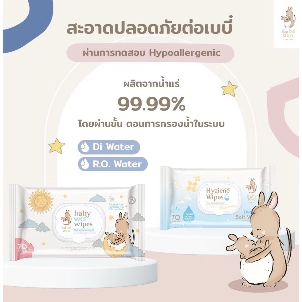 Bébé Roo Baby Hygiene Wipes | ผ้าเช็ดทำความสะอาดผิวแบบเปียก สูตรแอลกอฮอล์ (Food Grade)