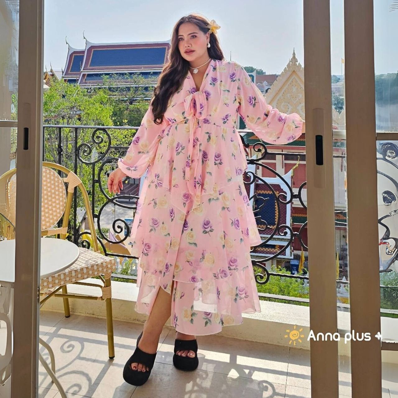 A221 แม็กซี่เดรสสาวอวบ ผูกโบว์ด้านหน้า ผ้าชีฟอง สม็อคหลัง ขาว ชมพู ดำ อก40-52นิ้ว