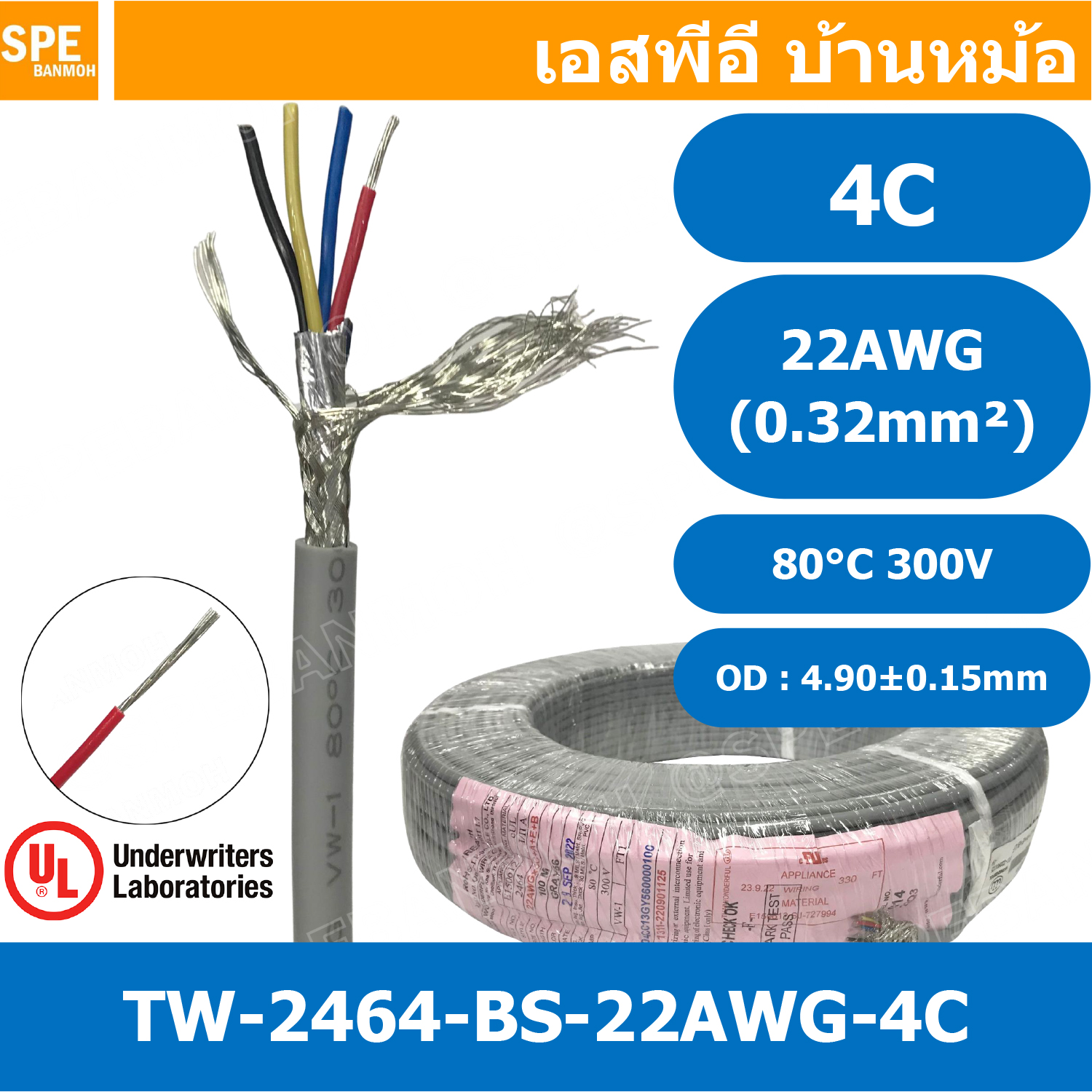 [ 1 เมตร ] TW-2464BS-22AWG-04C เทา Grey สายมัลติคอร์ 4 คอร์ ขนาด 22AWG 4Cx22AWG UL2464 300V 80°C AWG22 เบอร์ 22 สายชีลรอบ Braid Shielded Multicore Cable 4C Computer Cable TCU Tinned Stranded Copper AWM 2464 22AWG VW-1 80°C 300V E150612 Thai Wonderful