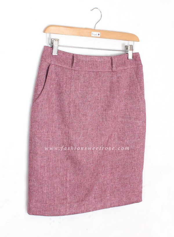 SK-431 กระโปรงแฟชั่น&ทำงาน ทรงสอบ ผ้าคอตต้อนลินินไอริสสีชมพู มีกระเป๋าล้วง 2 ข้าง