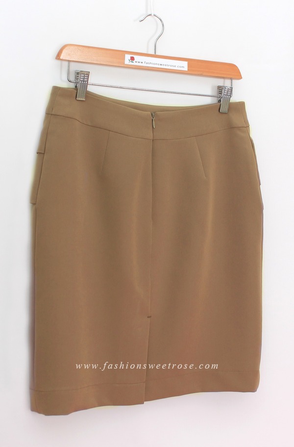 SK-469 กระโปรงทรงสอบ ผ้า Double Twist สีน้ำตาล Chocolate แต่งผ้าซ้อน 3 ชิ้น