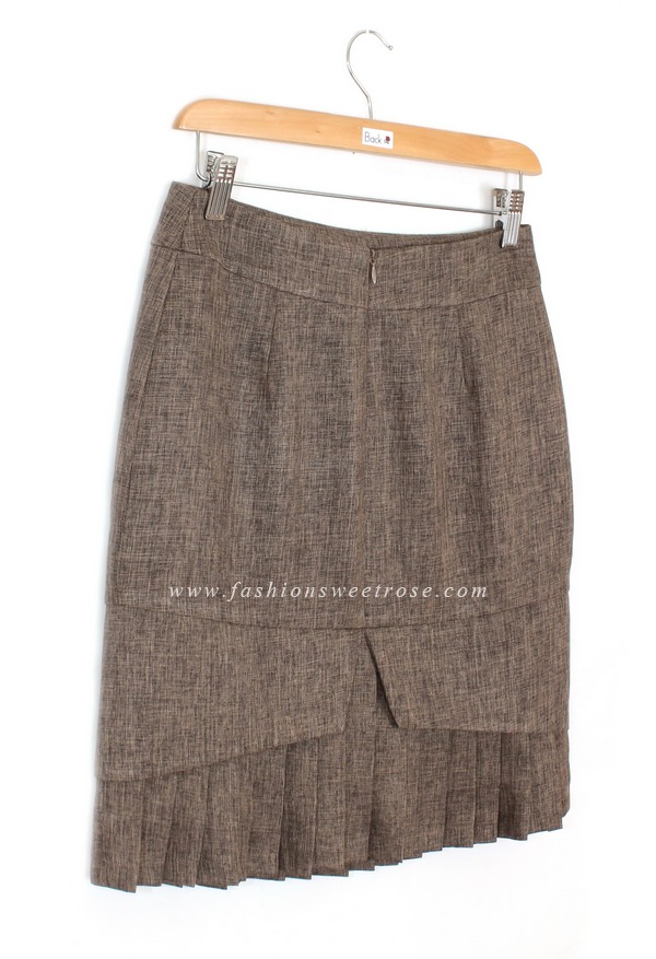 SK-427 กระโปรงแฟชั่น&ทำงาน ทรงสอบ ผ้าคอตต้อนลินินไอริส สีน้ำตาล ชายกระโปรงจับจีบรอบตัว