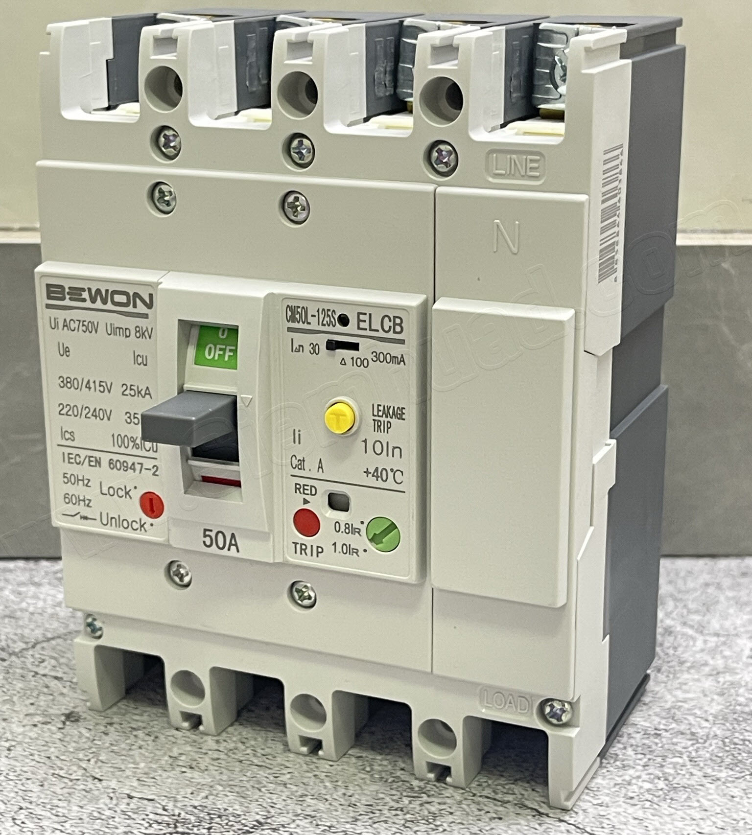 เมนเบรกเกอร์กันดูด ELCB 3เฟส 4สาย 25KA ขนาด 50A, 63A, 100A (BEWON) รุ่น CM50L-S125