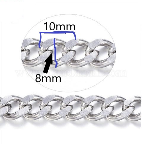 3.28 Feet 304 Stainless Steel Cuban Link Chains, Chunky Curb Chains, Unwelded, for Jewelry Making, Stainless Steel Color, 10x8x2mm(X-CHS-P003-24C)