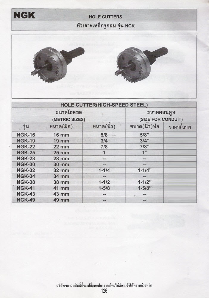 โฮลซอ ดอกเจาะสำหรับเจาะเหล็ก HOLE SAW (NGK) NGK series