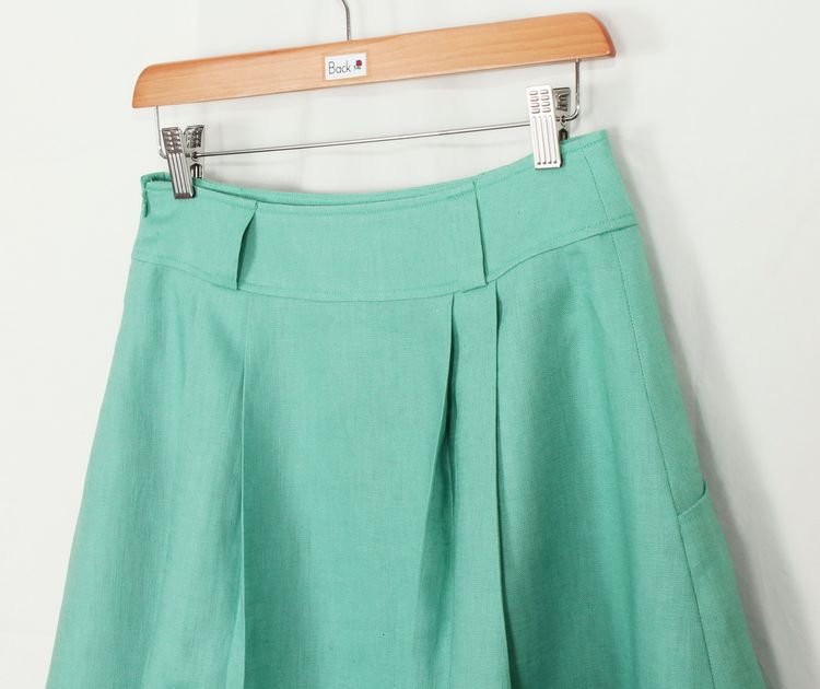 SK-193 กระโปรงแฟชั่น&ทำงาน ทรงบาน ผ้าลินินญี่ปุ่นสีเขียวพาสเทล มีกระเป๋าล้วงได้ 2 ข้าง