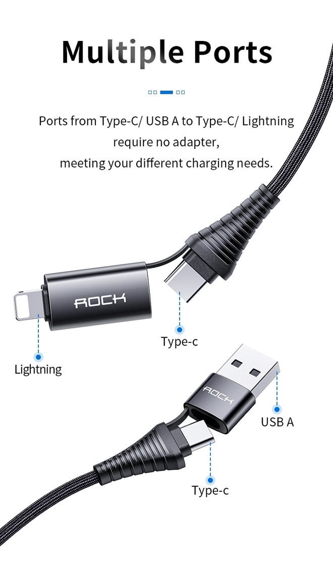 Rock R12 Multi-function สายชาร์จและซิงค์ 4 in 1 แบบ 2 หัว ทั้ง 2ด้าน Type-c to USB A/Type-c to Lightning สายแบบถัก (Black))