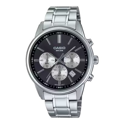 CASIO Standard รุ่น MTP-E515D-1AV สายสีเงิน หน้าปัดสีดำ จอในสีขาว สินค้าของเเท้ รับประกันศูนย์ CMG