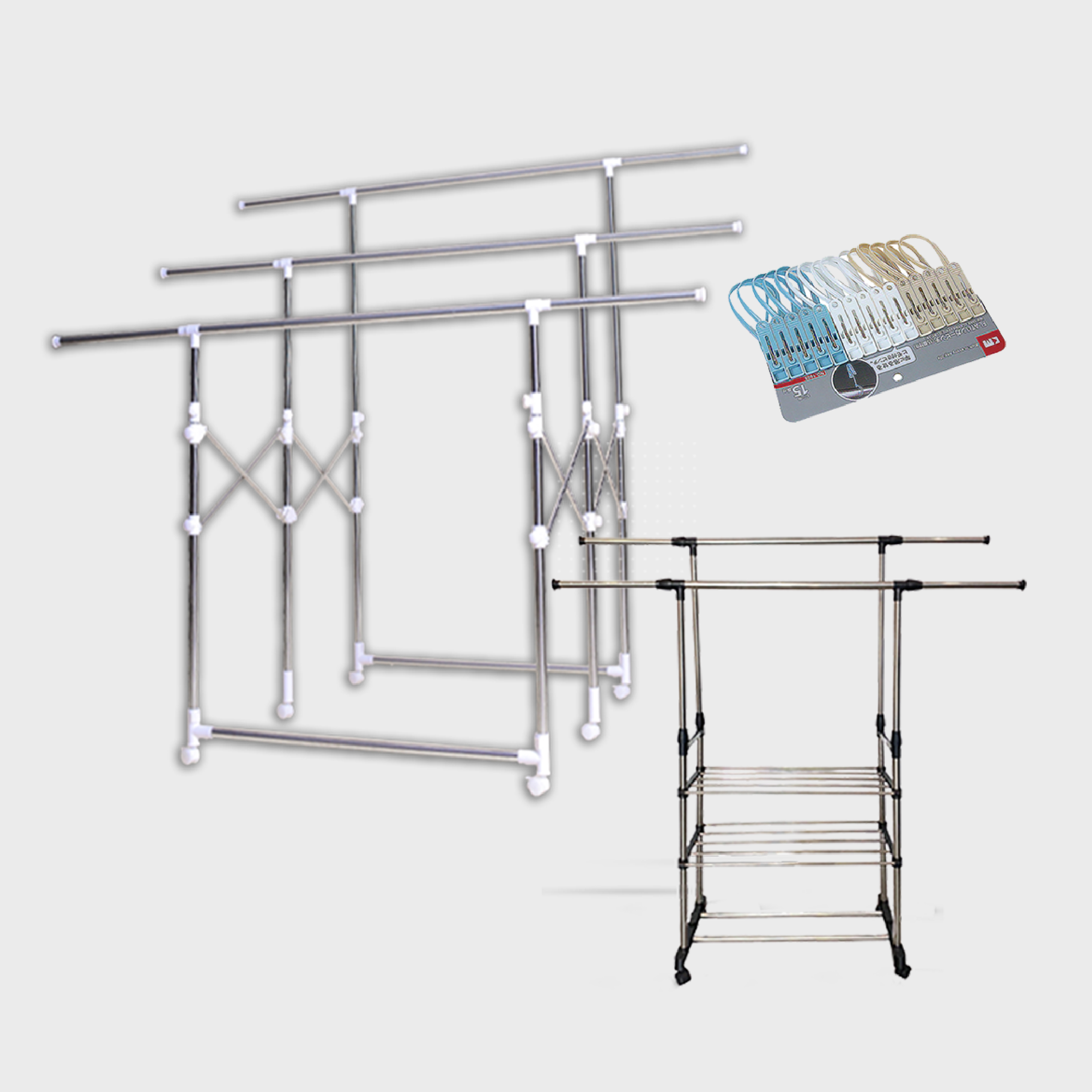 ราวตากผ้าสเตนเลส 6ล้อ ยืด หด ได้ เคลื่อนย้ายสะดวก SUPER RACK + Duo Rack + ที่หนีบผ้าพลาสติก