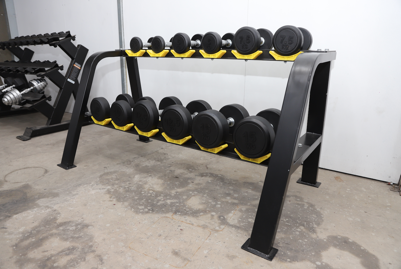 ชุดดัมเบลกลมหุ้มยาง 6 คู่ พร้อมชั้นวาง 2 ชั้น (งานระดับยิมมาตรฐานฟิตเนส)