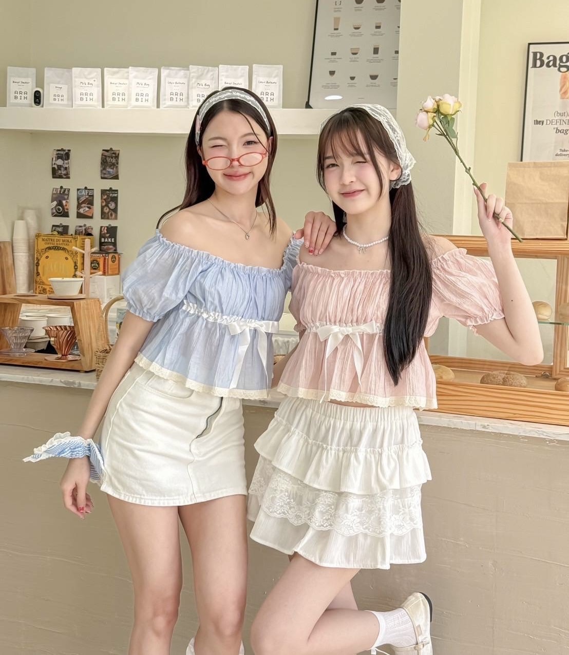 Yuki chiffon crop 💕เสื้อปาดไหล่แขนตุ๊กตา