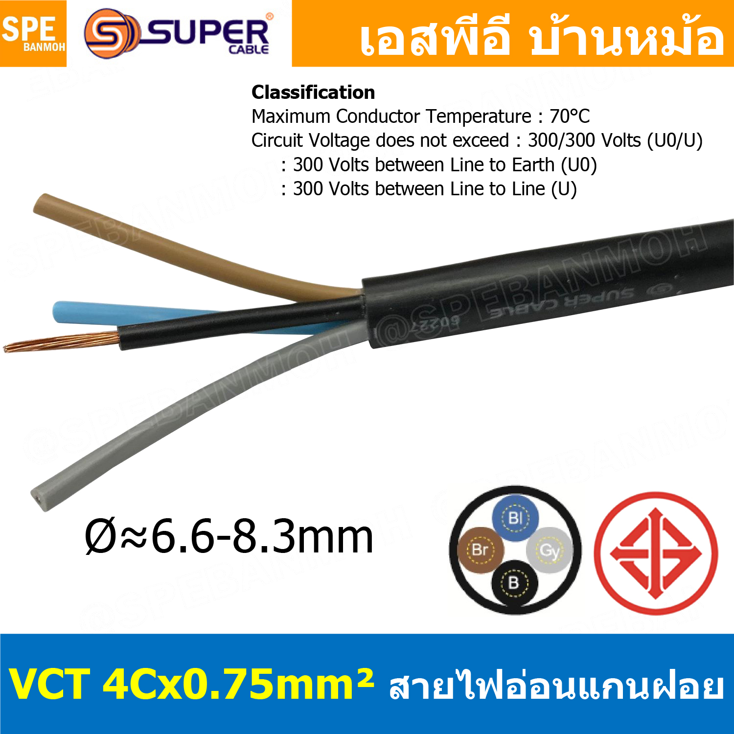[ 2 เมตร ] VCT-4x0.75 สาย VCT 4C X 0.75 sq.mm สายอ่อน 4 คอร์ Size 0.75 sq.mm VCT AC Power Cable สายไฟ AC สายปลั๊ก IEC53 สายมาตรฐาน มอก. TIS 11-2553 4x0.75 สายไฟเอซี สายไฟบ้าน VCT Cable Flexible Cable สายไฟ ฉนวนPVC สายไฟอ่อน