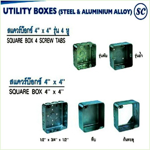 สแควร์บ๊อกซ์ , ฝาปิดสแควร์บ๊อกซ์ (อุปกรณ์ประกอบท่อร้อยสายไฟฟ้า) Square Box (SC) SC-SB41 series, SB series, SC-SB1 series, SC-SB12 series, SOP series, SOP1 series