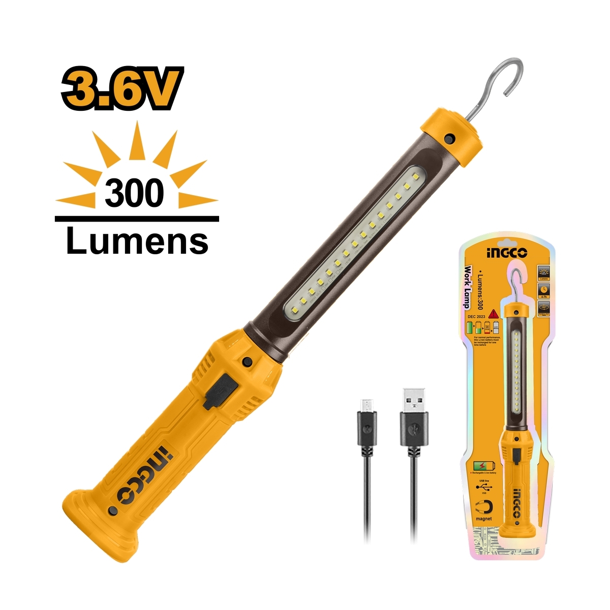INGCO HWLI35261 โคมไฟแบบแขวน 300 ลูเมน 3.5วัตต์ 3.6V. พร้อมสายชาร์จ