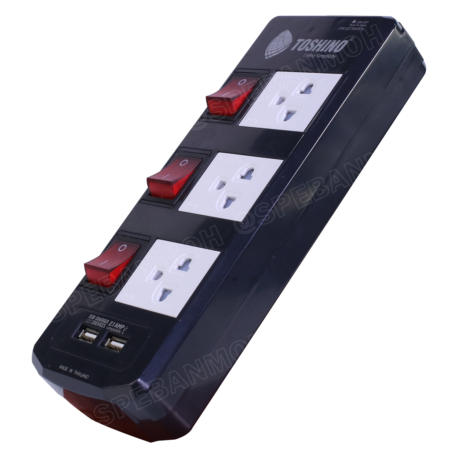 TIS315USB-5M ปลั๊กไฟ Toshino ปลั๊กพ่วง TOSHINO มาตรฐาน มอก. รางปลั๊กไฟ 3 ช่อง 3 สวิตซ์ 5 เมตร USB 2.1A TIS315USB 5เมตร สายขนาด 3Cx1.5 Sq.mm. ป้องกันกระแสไฟเกิน Double surge protecton ป้องกันไฟกระชากได้ 2 เท่า ม่านนิรภัย พลาสติก ไม่ลามไฟ