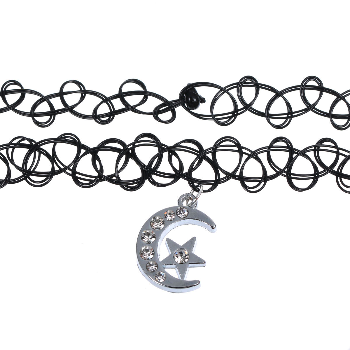 สร้อยคอ Tattoo Choker จี้เงินรูปดาวในพระจันทร์เสี้ยว ใส่แล้วเหมือนมีรอยสักรอบคอ ยาว 30 cm 1 เส้น