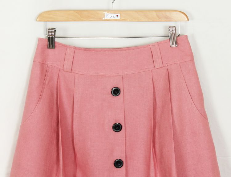 SK-192 กระโปรงแฟชั่น&ทำงาน ทรงบานผ้าลินินญี่ปุ่นสีชมพูพาสเทล มีกระเป๋าล้วงได้ 2 ข้าง